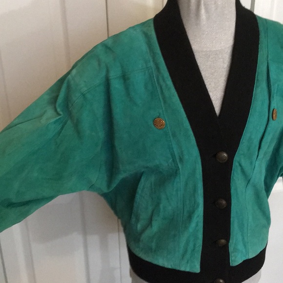Genuine Suede Aqua Teal Cardigan Vintage Jacket M - Picture 6 of 8